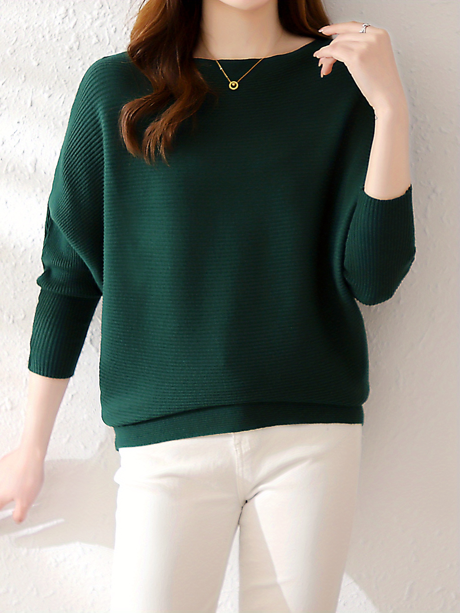 solid batwing sleeve knit sweater casual boat neck sweater for spring fall womens clothing details 3