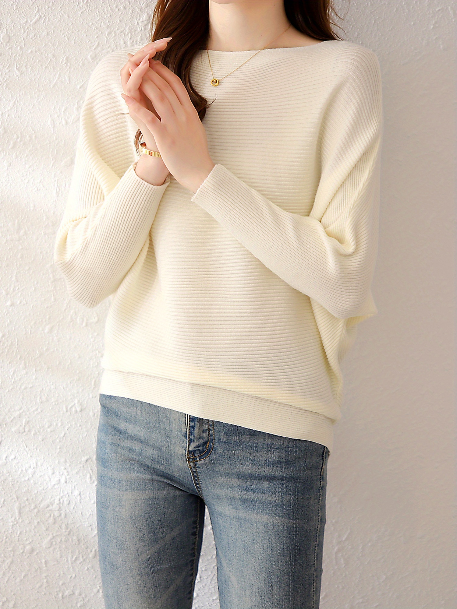 solid batwing sleeve knit sweater casual boat neck sweater for spring fall womens clothing details 6