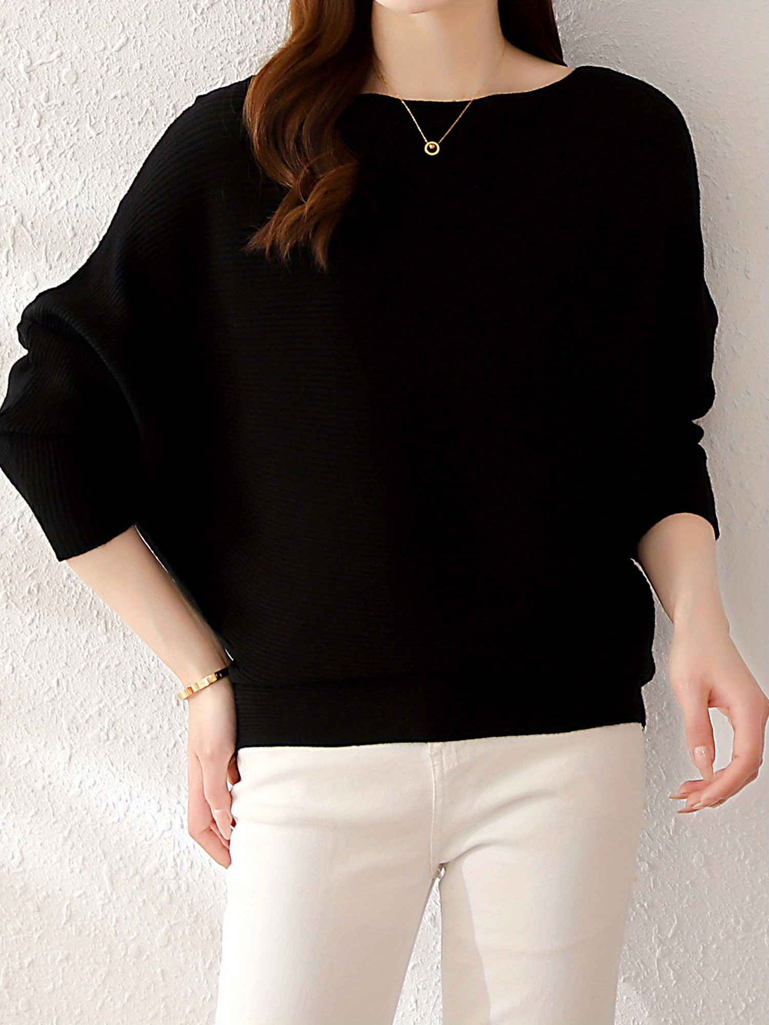solid batwing sleeve knit sweater casual boat neck sweater for spring fall womens clothing details 11